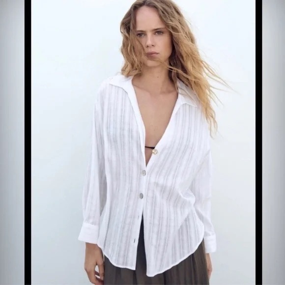 Zara Semi sheer striped shirt white button down size medium - Picture 1 of 5